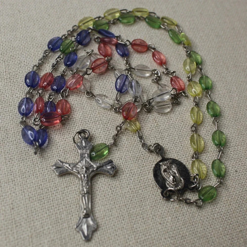 Catholic Rosary Necklace Multicolor Glass Bead Crucifix Virgin Mary Medal 23in